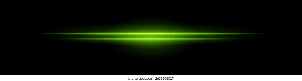 Green sci-fi beam. Two horizontal glowing lines with central bright core and radial fade. Dark background gives tech feel. Suitable for energy, laser, futuristic design.