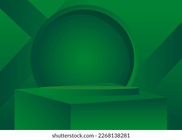 Green sci-fi stage showcase. Abstract Futuristic vector 3D room. Minimal geometric cylinder pedestal podium. Mockup product display, empty scene for presentation.