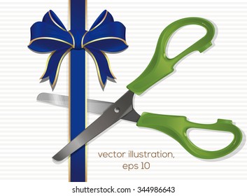 Green scissors cut the blue ribbon with a bow. Vector illustrations.