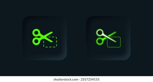 Green Scissors cuts discount coupon icon isolated on black background. The concept of selling in an online supermarket at low prices or half the cost. Black square button. Vector