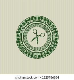 Green scissors icon inside distress rubber grunge texture stamp