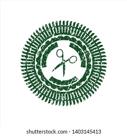 Green scissors icon inside distress rubber grunge texture seal
