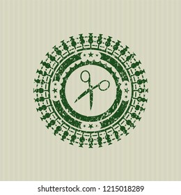Green scissors icon inside distressed grunge seal