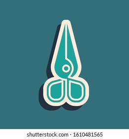 Green Scissors icon isolated on blue background. Cutting tool sign. Long shadow style. Vector Illustration