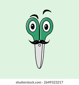 green scissors with mustache and eyes