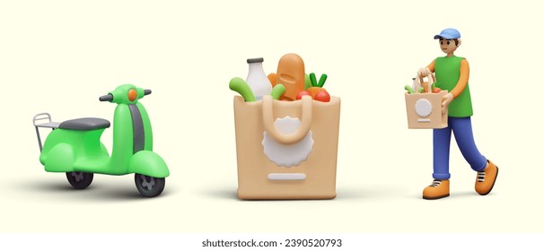 Green scooter, grocery shopping bag, man with paper package. Isolated illustrations for website design, courier services application. Home delivery of online orders