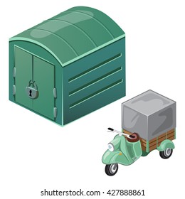 Green scooter and a metal garage. Vector illustration.