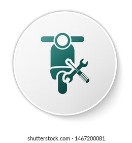 Green Scooter with screwdriver and wrench icon isolated on white background. Adjusting, service, setting, maintenance, repair, fixing. White circle button. Vector Illustration