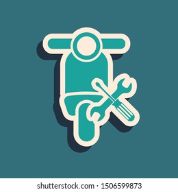 Green Scooter with screwdriver and wrench icon isolated on blue background. Adjusting, service, setting, maintenance, repair, fixing. Long shadow style. Vector Illustration
