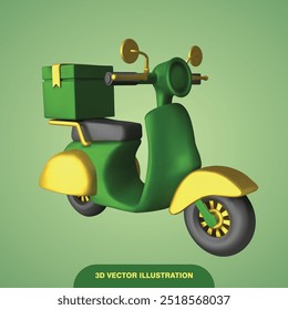 Green scooter with yellow fenders and a green box. Suitable for advertising urban transportation, ecofriendly riding, and modern city lifestyle.