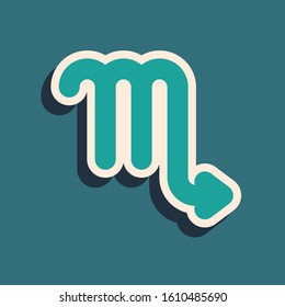 Green Scorpio zodiac sign icon isolated on blue background. Astrological horoscope collection. Long shadow style. Vector Illustration