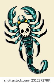 green scorpion illustration design with a skull on its back