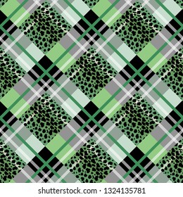 Green Scottish tartan grunge seamless pattern with leopard spots eps 10