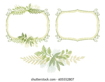 Green scrabble hand drawn branch border for invitation, wedding or greeting card design. Greenery plant hand drawn composition, leaves decoration vector