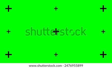 Green screen background with black tracking cross shaped marks. Chromakey technique. Video technology to add visual effects or VFX during movie post-production phase. Vector flat illustration.