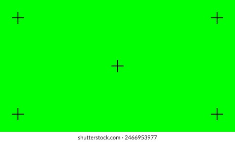 Green screen background with cross marks for tracking. Chromakey technique. Video technology to add visual effects or VFX during movie post-production stage. Vector flat illustration.