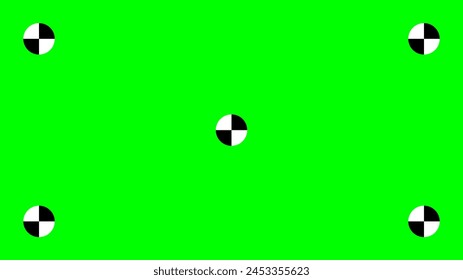 Green screen background with tracking cross marks. Chroma key technique. Video technology to add visual effects or VFX during movie post-production phase. Vector flat illustration.