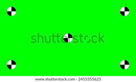 Green screen background with tracking cross marks. Chroma key technique. Video technology to add visual effects or VFX during movie post-production phase. Vector flat illustration.