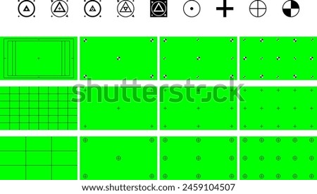 Green screen backgrounds. VFX motion tracking markers. Design green screen template. Video footage replacement tracking markers element. Set Vector illustration EPS 10