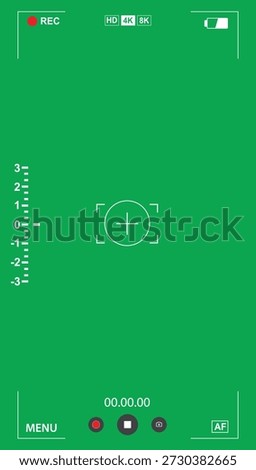 Green screen camera viewfinder interface with REC indicator, focus reticle, exposure scale, timecode, and video recording controls.