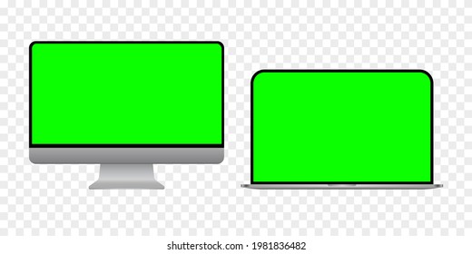 Green Screen Chroma Key Background On Laptop And Pc. Vector Illustration Isolated On Transparent Background