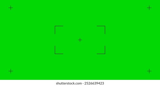 Green screen chroma key background, viewfinder camera frame, video film screen template, overlay. Cinema display with grid.