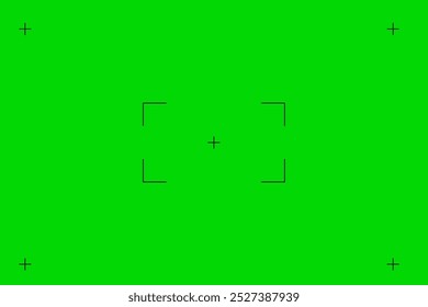 Green screen chroma key background, viewfinder camera frame, video film screen template, overlay. Cinema display with grid.