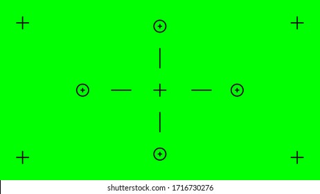 Pantalla verde, fondo cromo. Fondo verde en blanco con marcadores de seguimiento de movimiento VFX. Fondo de clave cromática para efectos de clave, gráficos de movimiento y vídeo. Vector