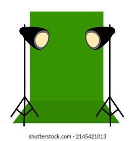 Green screen. Professional photo and video shooting movies. Lighting equipment. Cinema scene. Flat cartoon illustration on white