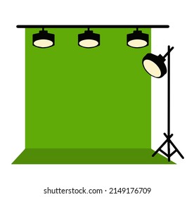 Green screen. Professional photo and video shooting movies. Lighting equipment. Cinema scene. Flat cartoon illustration on white