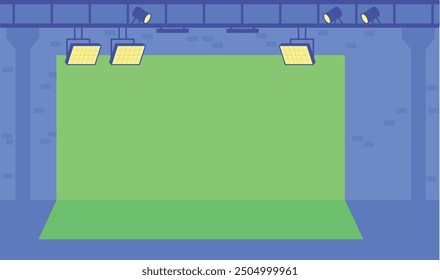 Green screen stage. Chroma key backstage for film production. Vector illustration