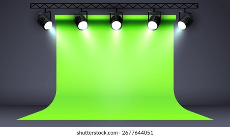 Tela verde com holofotes de estúdio. Realista estúdio de fotografia com equipamentos profissionais. Ilustração vetorial
