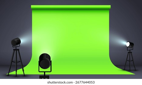 Pantalla verde con focos de estudio. Estudio fotográfico realista con equipamiento profesional. Ilustración vectorial