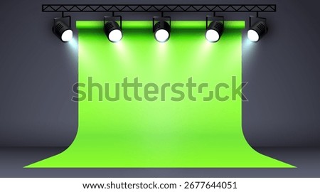 Green screen with studio spotlights. Realistic photo studio with professionals equipment. Vector illustration