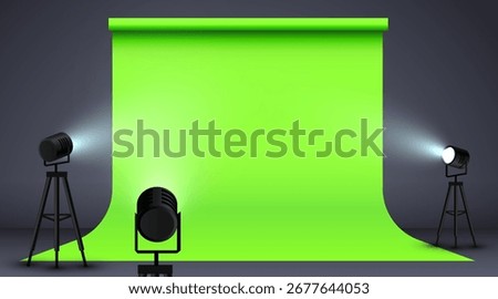 Green screen with studio spotlights. Realistic photo studio with professionals equipment. Vector illustration