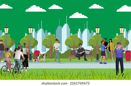 Green screen Wallpaper design,  Picture of people and animals walking and talking in a park and Buildings can also be seen around  Vector Illustration.