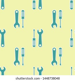 Green Screwdriver and wrench tools icon isolated seamless pattern on yellow background. Service tool symbol.  Vector Illustration