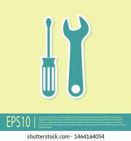 Green Screwdriver and wrench tools icon isolated on yellow background. Service tool symbol.  Vector Illustration
