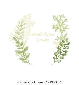 Green scribble branch frame vector, greeting card template. Floral card scetch. Hand drawn greenery leaf border