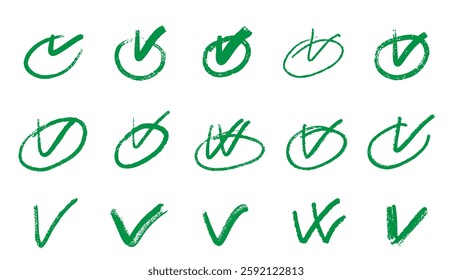 Green scribble checkmark doodle hand drawn line monochrome comic elements collection in grunge graffiti style collection bundle set