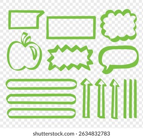 Green Scribble doodle underline emphasis line shape set. Hand drawn brush stroke highlight speech bubble cloud sparkle arrow element in childish drawing style. Simple vector illustrations