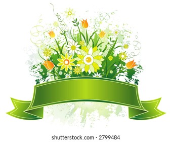 Green Scroll and yellow and white flowers on grunge background