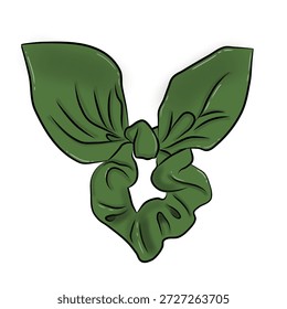 Un scrunchie verde con un nudo de lazo en la parte superior.