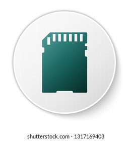 Green SD card icon isolated on white background. Memory card. Adapter icon. Green circle button. Vector Illustration