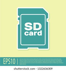 Green SD card icon isolated on yellow background. Memory card. Adapter icon. Flat design. Vector Illustration