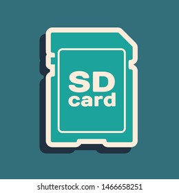 Green SD card icon isolated on blue background. Memory card. Adapter icon. Long shadow style. Vector Illustration