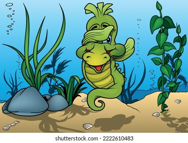 The Green Sea Horse Covers his Eyes with a Flipper - Colored Cartoon Illustration with Background, Vector
