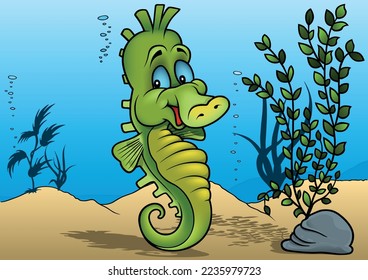 Green Sea Horse with a Smile and Blue Eyes - Colored Cartoon Illustration with Background, Vector