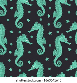 Green sea horse vector seamless pattern on black background. Illustration for summer scrapbooking, Ocean Gift Wrap, Kids Fashion Prints, Beach Apparel. Cartoon style.