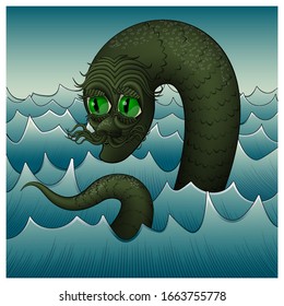 Green sea monster. Vector illustration